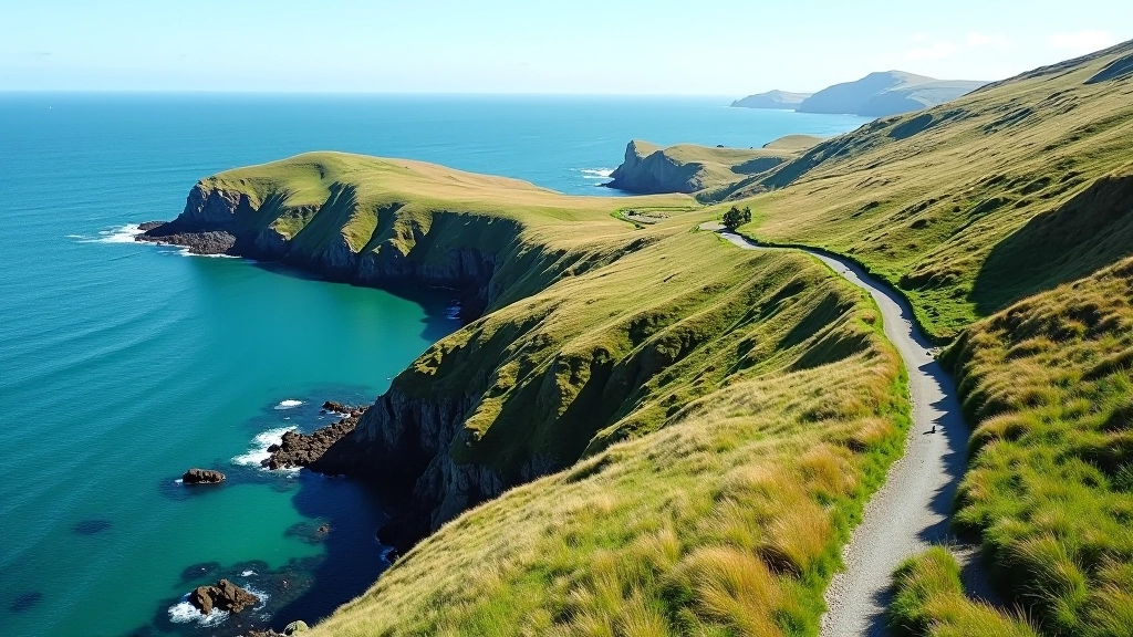 Panoramic view from hilltop showing winding coastal path with mine ruins below and turquoise waters stretching to horizon