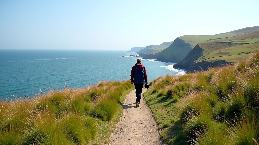 Wide coastal path with green grass on one side and sea cliffs dropping to rocky shore on the other, bright daylight