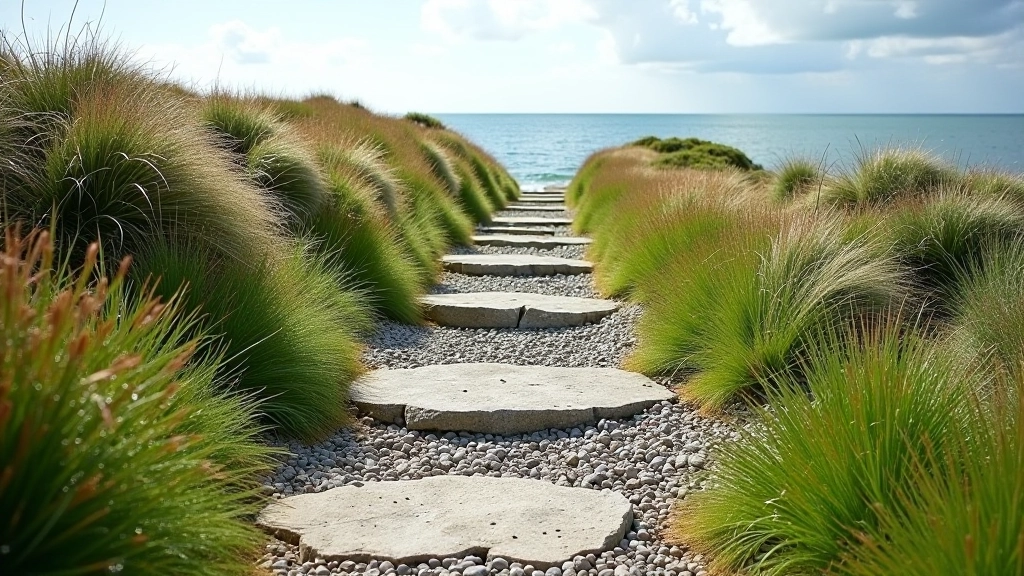 Diverse hiking terrain showing stone steps, gravel patches, and grass sections along a coastal pathway