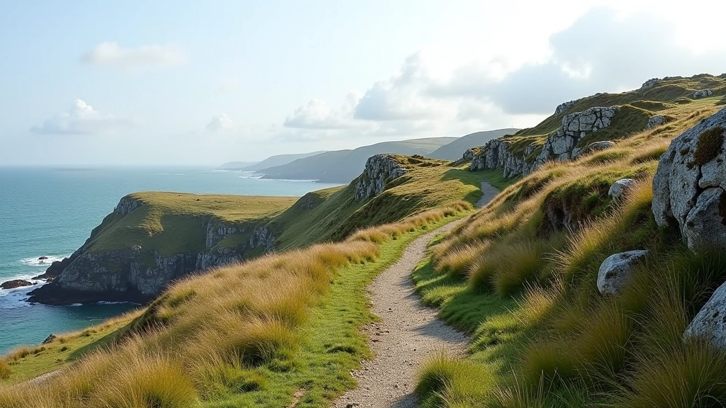 Copper mine trail landscape with historic ruins and coastal views