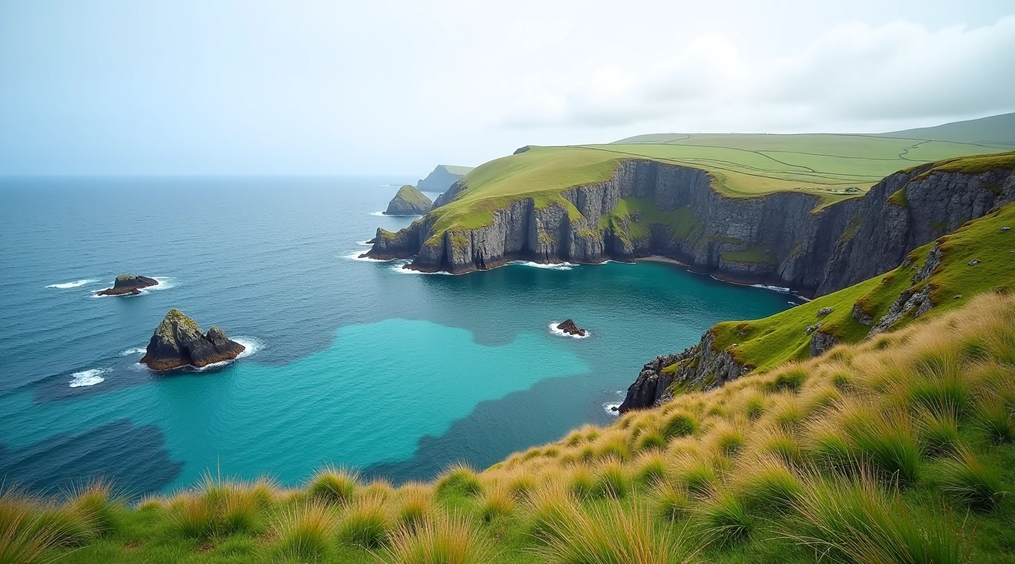 Dramatic coastal cliffs and turquoise waters along the Beara Peninsula shore walk with grassy headland in foreground