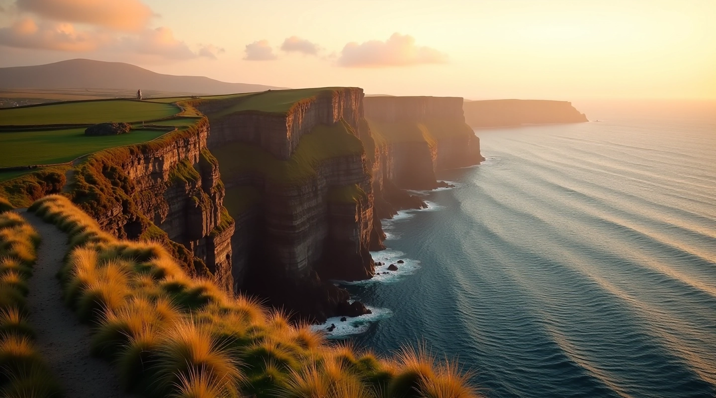 Dramatic coastal cliffs overlooking the Irish sea near Allihies copper mines with golden light