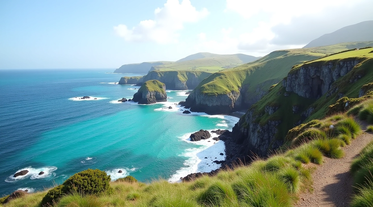 Dramatic coastal views of Allihies Copper Mines Trail with turquoise waters and rocky headlands on the Beara Peninsula