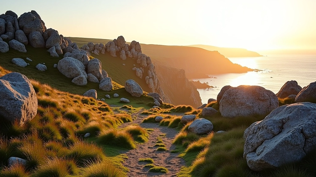 Geological rock formations and mining remnants, historical structures in landscape, golden hour light