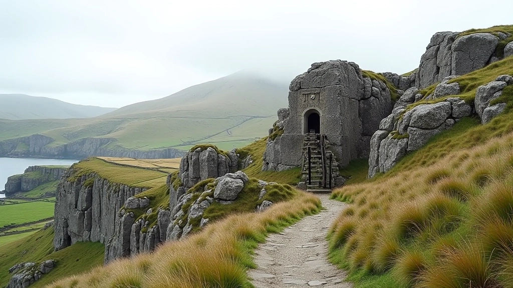 Geological rock formations and historic mining equipment scattered along the Allihies landscape