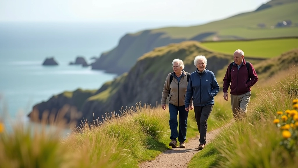 Group of seniors walking together on coastal trail