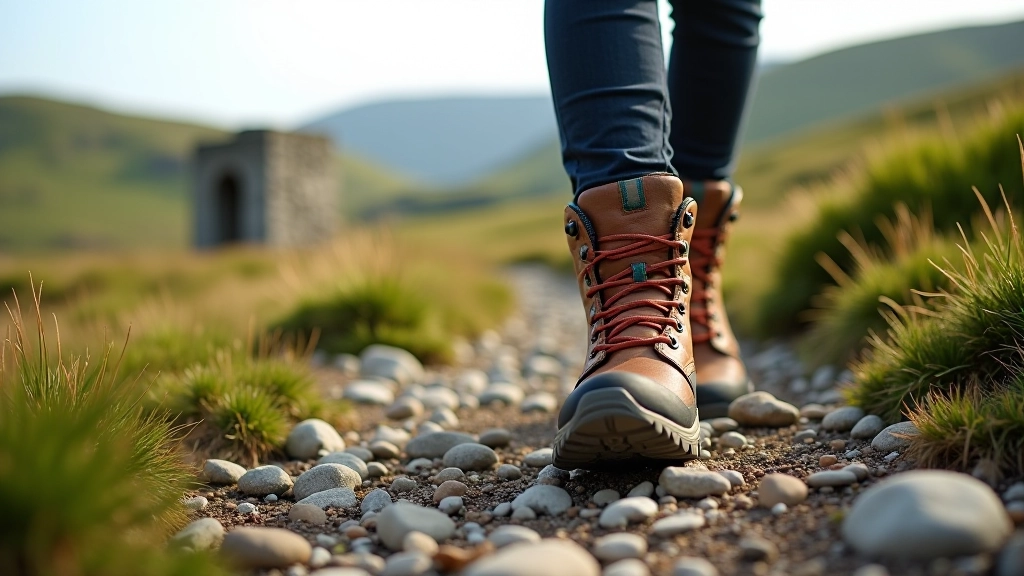 Close-up of hiking boots on rocky trail with green moorland and stone ruins visible in the distance