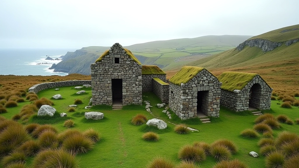 Preserved copper mining ruins showing historical stone structures and industrial heritage in Allihies