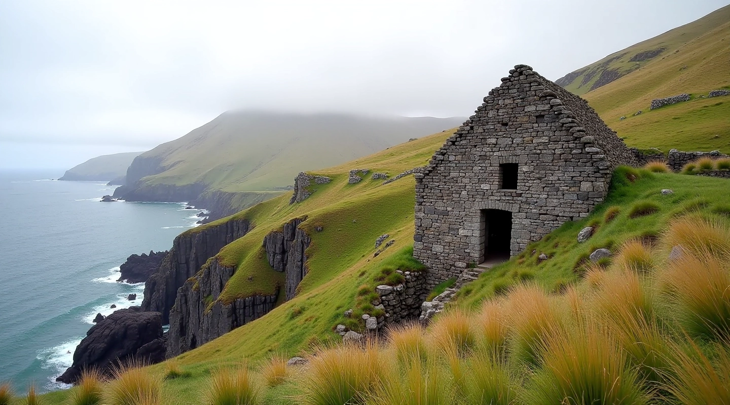 Historic copper mine ruins nestled in the dramatic Allihies landscape, showing stone structures and mining heritage