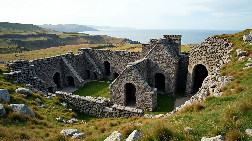 Historic copper mining ruins with stone structures and coastal landscape backdrop