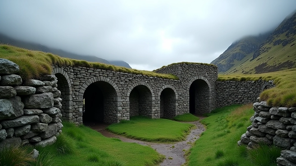 Stone ruins of historic mining infrastructure with weathered walls and archways