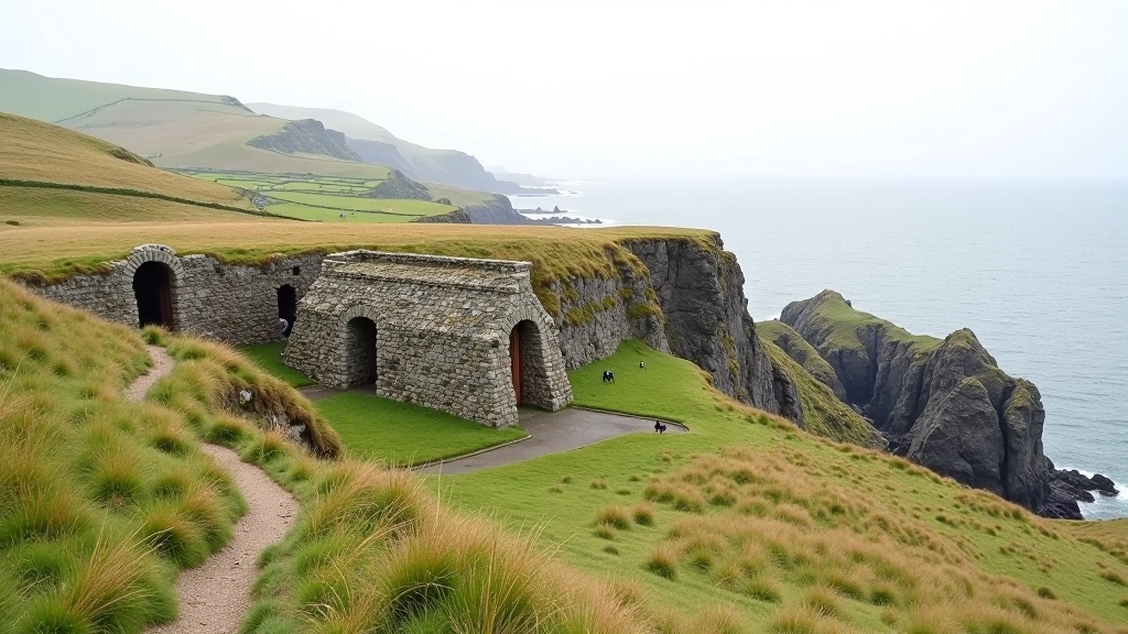 Historic copper mine structures with Irish coastal landscape