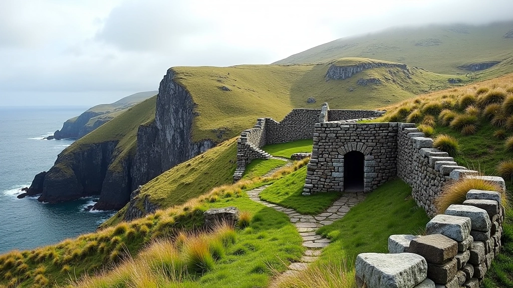 Ruins of historic copper mining structures on the Beara Peninsula, stone walls and remnants visible against coastal landscape backdrop
