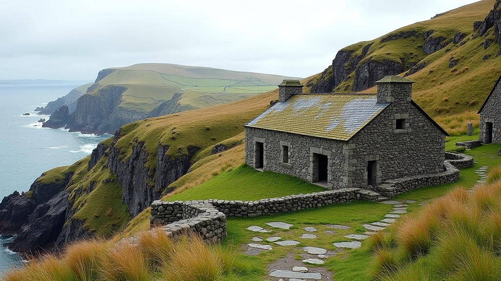 Historic stone buildings and mining structures at the Allihies copper mines site