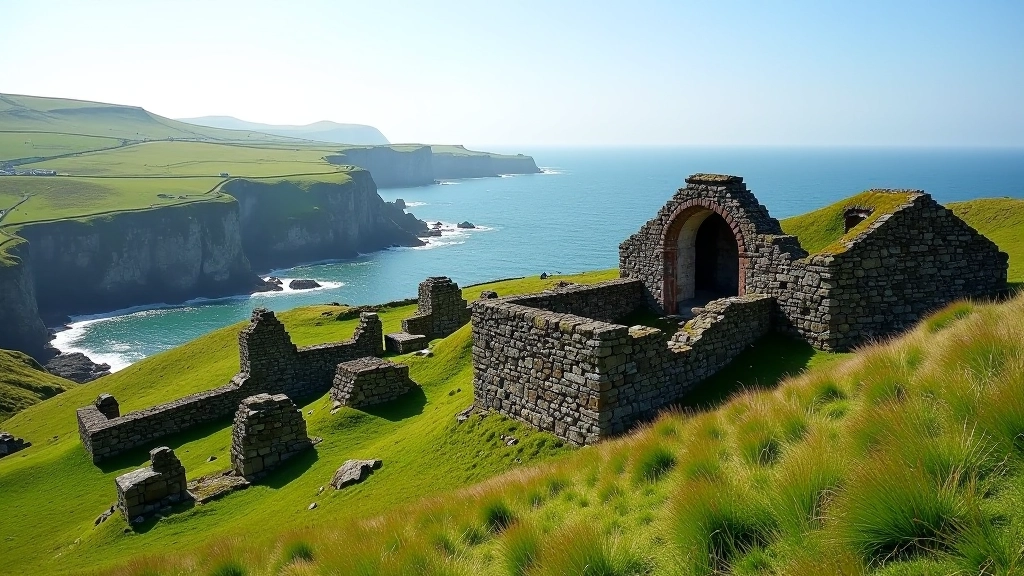 Historic stone ruins of copper mine buildings scattered across green hillside with ocean visible in background