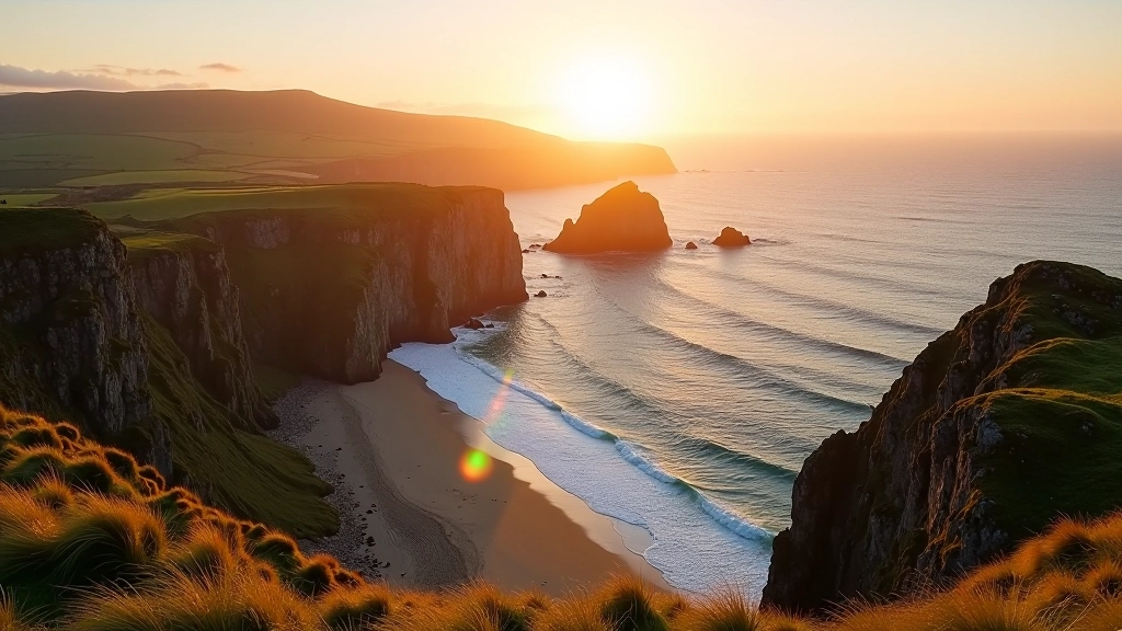 Scenic Beara peninsula coastline with golden cliffs and ocean views at sunset