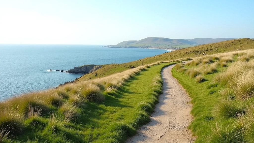 Peaceful coastal pathway through grassy headland with ocean horizon