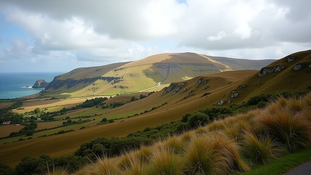 Hillside landscape showing historical mine workings and spoil heaps overgrown with vegetation