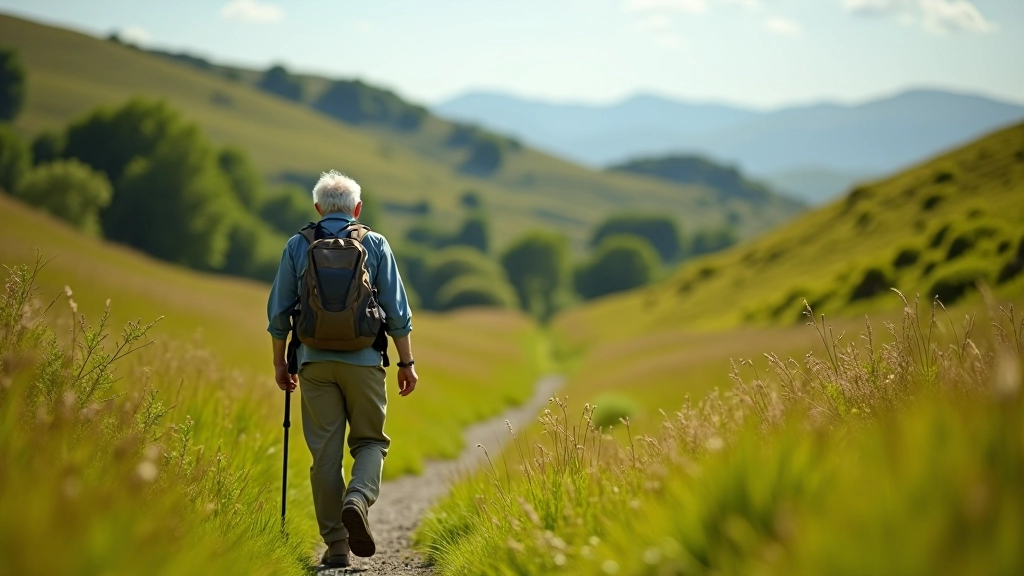 Older adult in hiking gear walking on well-maintained trail through green countryside, sunny day