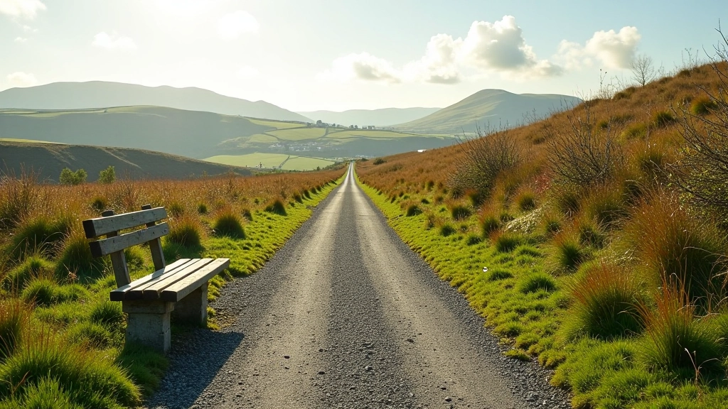 Peaceful walking path through Cork countryside with rest benches and clear markings