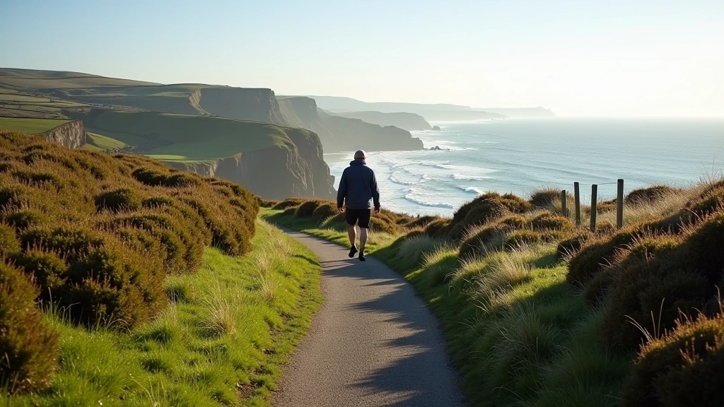 Peaceful walking path through Cork countryside with ocean views