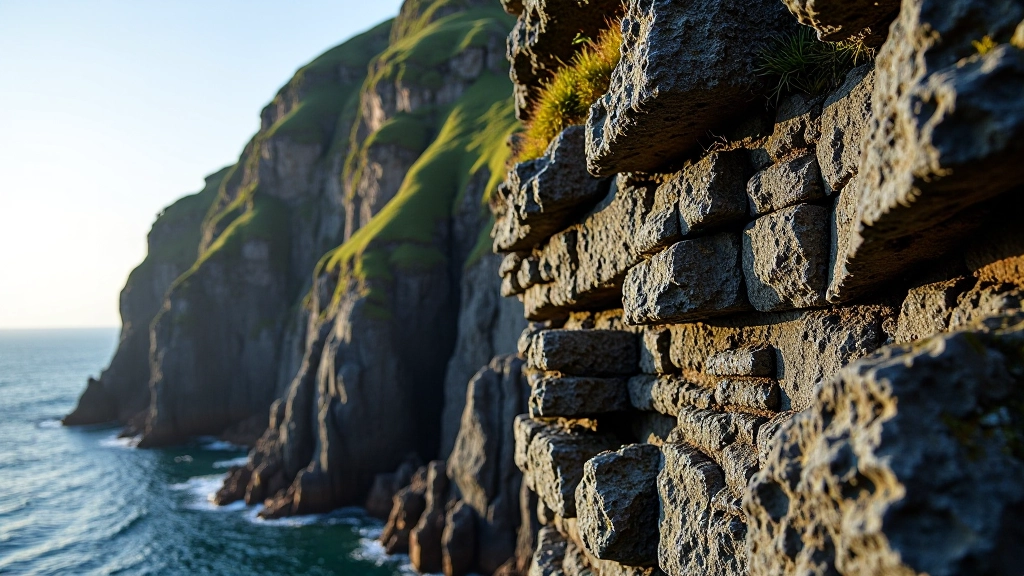 Close-up of dark rocky cliff face showing layered geological formations with lichen and weathered stone texture