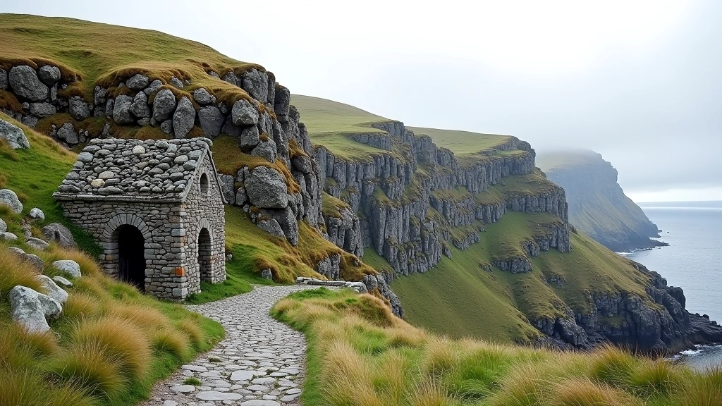 Rocky mining landscape with old stone structures and cliff views, Allihies copper mines area