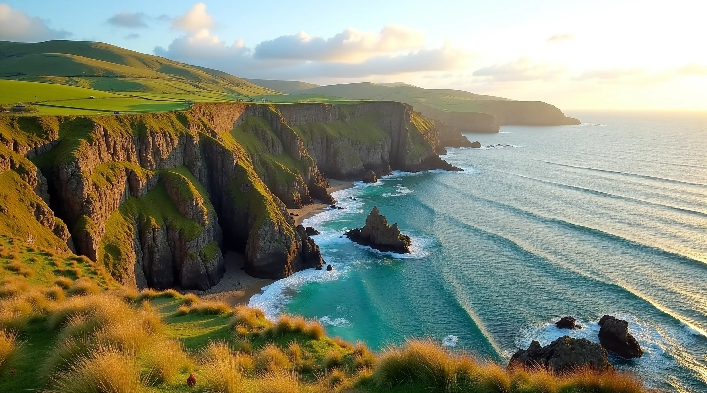 Dramatic Beara Peninsula coastal cliffs with ocean views and historical stone remnants