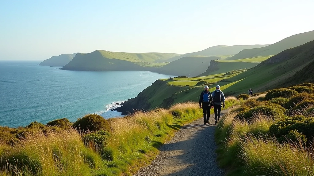 Coastal walking path on Beara Peninsula with ocean vistas and rolling green terrain