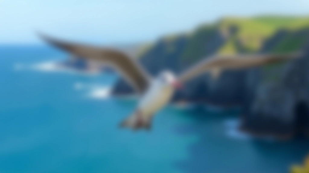 Seabird in flight against bright sky, wings spread, flying past rocky coastal cliffs with blue ocean below