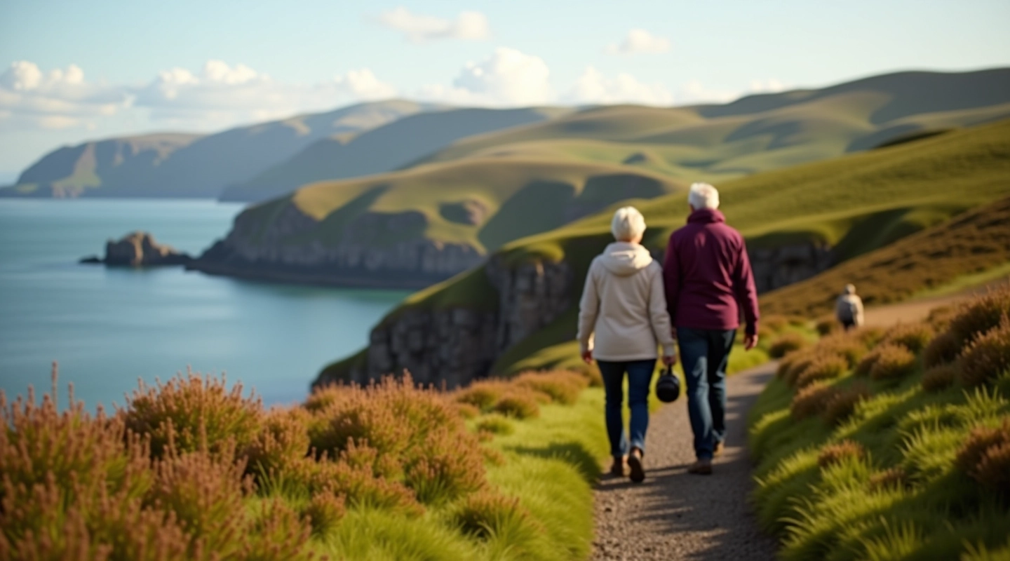 Senior couple enjoying a scenic walk along the Cork coastline with rolling hills in the background