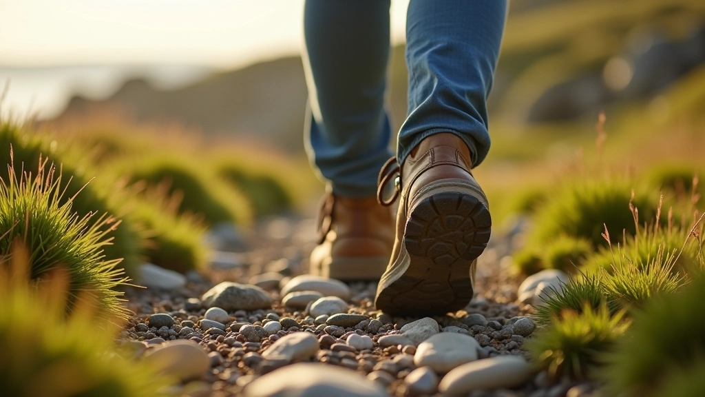 Close-up of a walking boot on a well-maintained coastal path with grass and stone surfaces