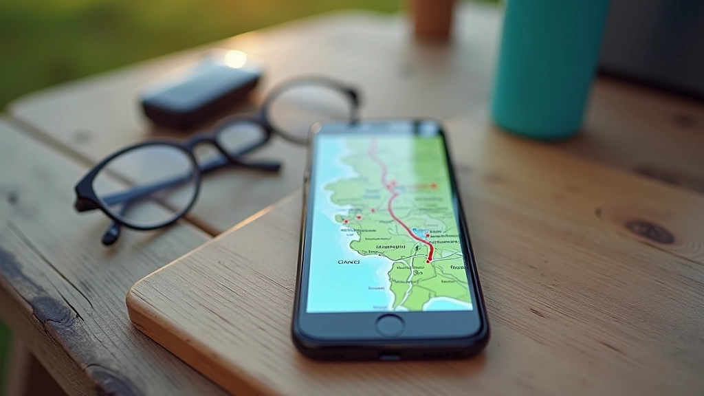Walking trail elevation map displayed on a smartphone with a pair of hiking glasses and water bottle nearby