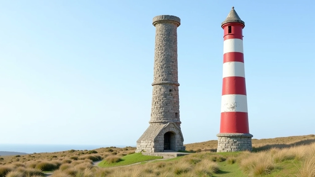 Historic mining chimney stack standing against sky with landscape backdrop