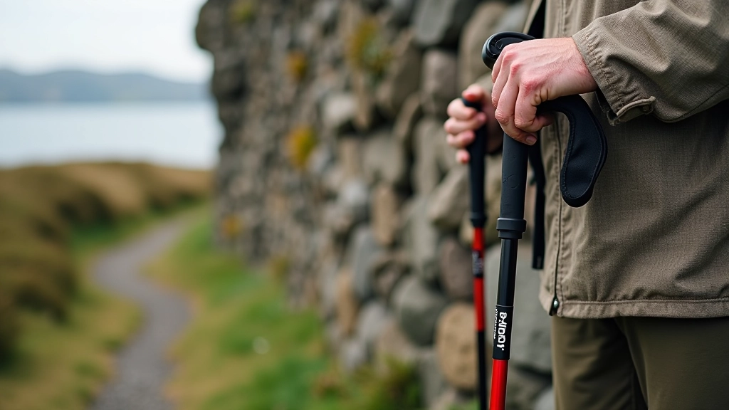 Pair of modern trekking poles leaning against a stone wall with coastal scenery in soft focus behind