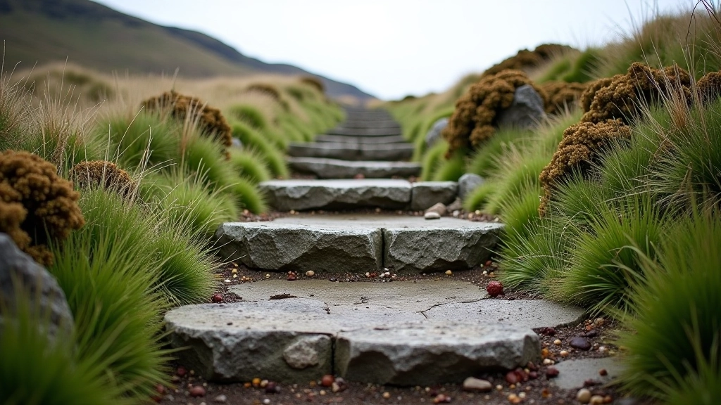 Detailed view of weathered stone steps on hiking trail with moorland vegetation and cloudy sky above