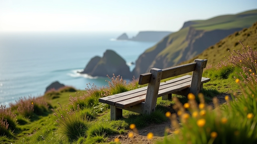 Rustic wooden bench positioned at a scenic overlook with coastal views and wildflowers nearby